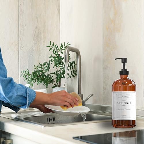 Sunrise Premium, 16 OZ Thick Amber Glass Soap Dispenser with Pump 2 Pack, Hand and Dish Soap Dispenser Set for Bathroom with 6 Waterproof Labels - Image 5