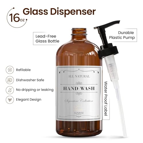 Sunrise Premium, 16 OZ Thick Amber Glass Soap Dispenser with Pump 2 Pack, Hand and Dish Soap Dispenser Set for Bathroom with 6 Waterproof Labels - Image 2