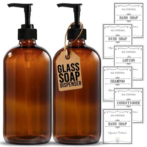Sunrise Premium, 16 OZ Thick Amber Glass Soap Dispenser with Pump 2 Pack, Hand and Dish Soap Dispenser Set for Bathroom with 6 Waterproof Labels - Image 1