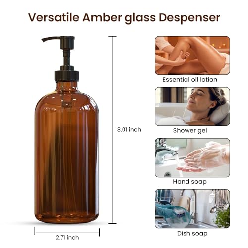 Sunrise Premium, 16 OZ Thick Amber Glass Soap Dispenser with Pump 2 Pack, Hand and Dish Soap Dispenser Set for Bathroom with 6 Waterproof Labels - Image 3