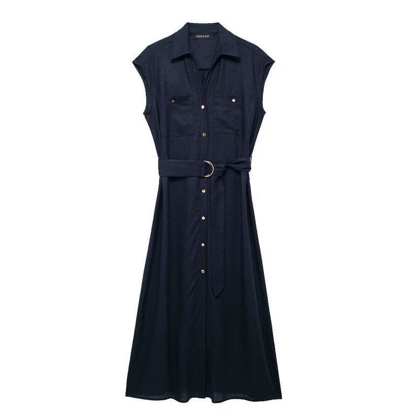 navy blue Womens Summer Shirt Midi dress 2024 Summer New European and American Cross-border Street Fashion Skirt 150134Navy blue sleeveless belt skirt