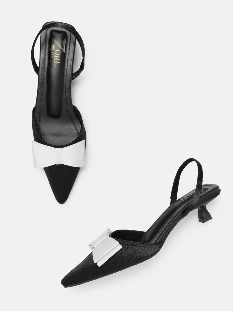 ZORIWORLD  Americano Black & White Satin Slingback Kitten Heel 1.5 Inches Peta-Approved Vegan For Office Meetings, Festive Events for Women | Best Price UAE