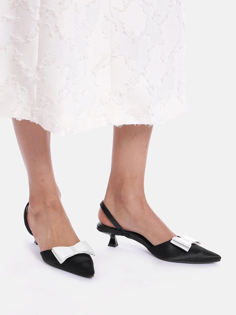 Americano Black & White Satin Slingback Kitten Heel 1.5 Inches Peta-Approved Vegan For Office Meetings, Festive Events