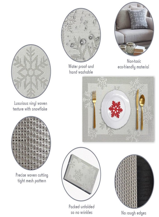 RIMOBUL Christmas Placemats Set of 6 Woven Vinyl Non-Slip Placemats Washable Table Mats Anti-Skid Placemats for Kitchen Table (Snow Silver) - Image 4