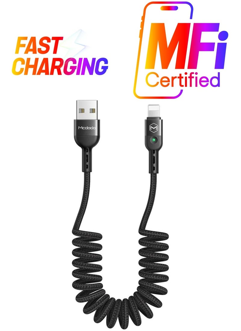 Mcdodo Coiled Elastic USB Cable for iPhone – Retractable Short Car Charger Cable for iPhone 11/11 Pro/11 Pro Max/X/XR/8/7 Plus – Stretchable to 1.8m (Straight, Black) - Image 1