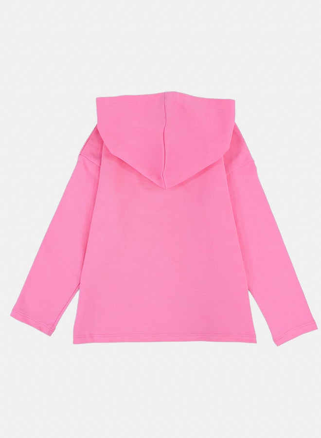 playmore Girls Cotton Hoodie – Pink with "Snacks for Dinner" Bananas Print - Image 2