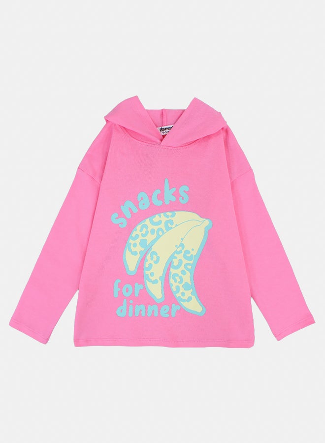 playmore Girls Cotton Hoodie – Pink with "Snacks for Dinner" Bananas Print - Image 1