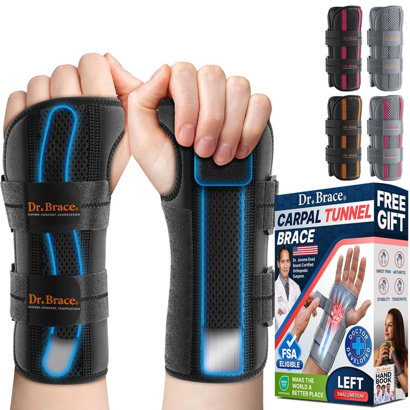 DR. BRACE Adjustable Wrist Brace Night Support for Carpal Tunnel, Doctor Developed, Upgraded with Double Splint & Therapeutic Cushion,Hand Brace for Pain Relief,Injuries,Sprains (S/M Left Hand, Black) - Image 1