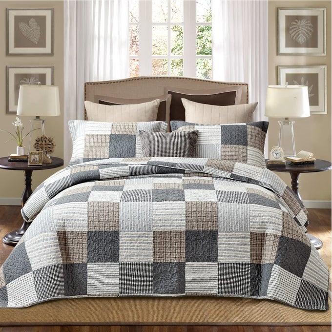 100 COTTON QUILT SET KING SIZEPATCHWORK PLAID BEDDING BEDSPREADSFARMHOUSE LIGHTWEIGHT COMFORTER REVERSIBLE QUILTWHITEGRAYGREYTANBLACKCREAM BED SPREAD KING3 PIECES