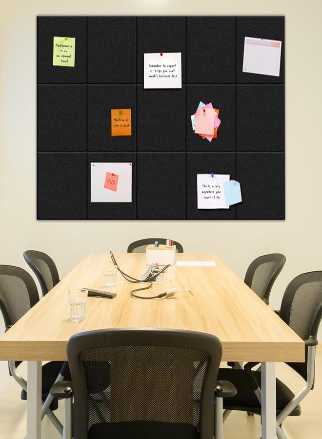 FOCCTS 12 Pcs 11.8" x 11.8" Felt Bulletin Board, Black Cork Board Office Cork Board with Safe Removable Adhesive Tabs, Black Felt Wall Tiles for Photos Letter Memos Home Office Kitchen DIY - Image 5