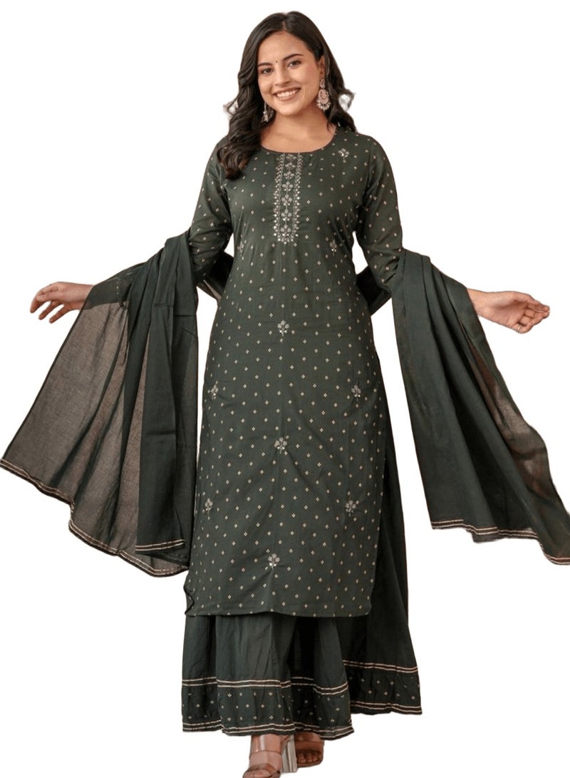 Swadesh Souq Graceful Green Gold Printed Cotton Kurta Sharara Set  - Image 5