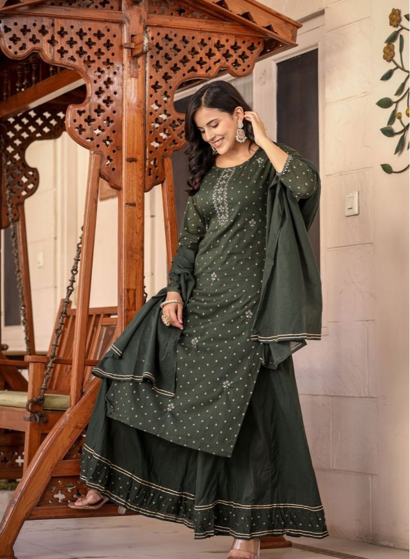 Swadesh Souq Graceful Green Gold Printed Cotton Kurta Sharara Set  - Image 1