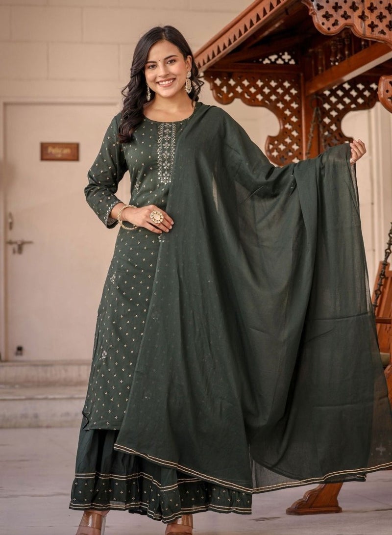 Swadesh Souq Graceful Green Gold Printed Cotton Kurta Sharara Set  - Image 2