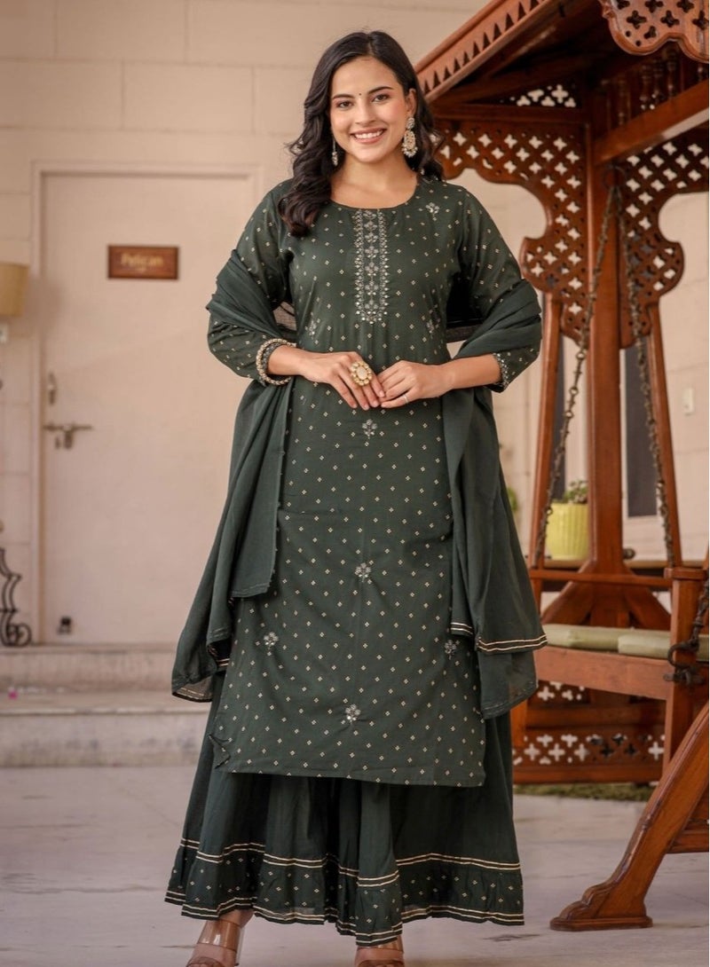 Swadesh Souq Graceful Green Gold Printed Cotton Kurta Sharara Set  - Image 3