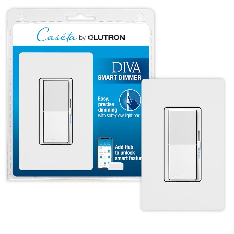 Lutron Diva Smart Dimmer Light Switch with Wallplate for Caseta Lighting (Lutron Smart Hub Required), for LED Lights, 150W, Single-Pole/3-Way, No Neutral, White (DVRFW-6L-WH-A) - Image 1