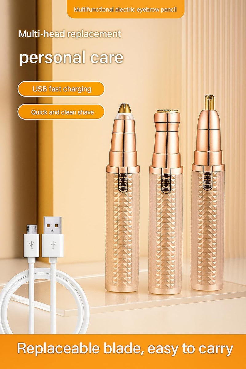 Pirron Eyebrow Trimmer for Women 3 in 1 Rechargeable Facial Hair Remover with Replaceable Heads, Professional Painless Personal Hair Removal Eyebrow Razor with Indicator Lights (GOLD) - Image 2