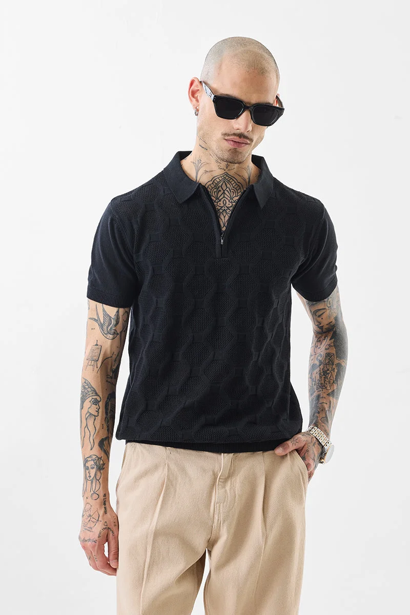 SNITCH Slim Fit Cotton Knitted Black Polo T-Shirt
