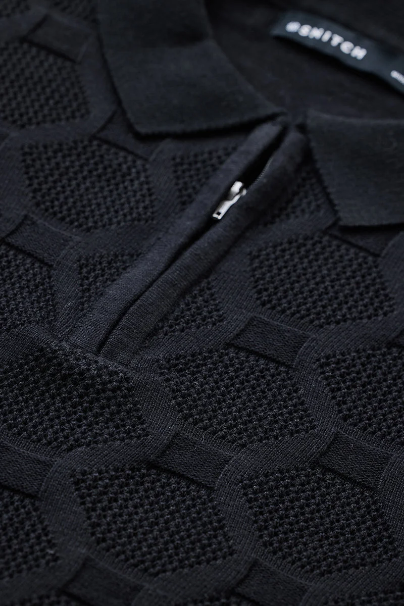 SNITCH Slim Fit Cotton Knitted Black Polo T-Shirt