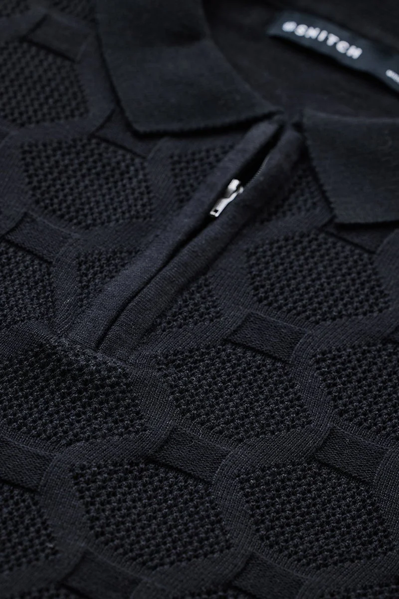 سنيتش تيشيرت بولو قطني محبوك أسود بقصة ضيقة