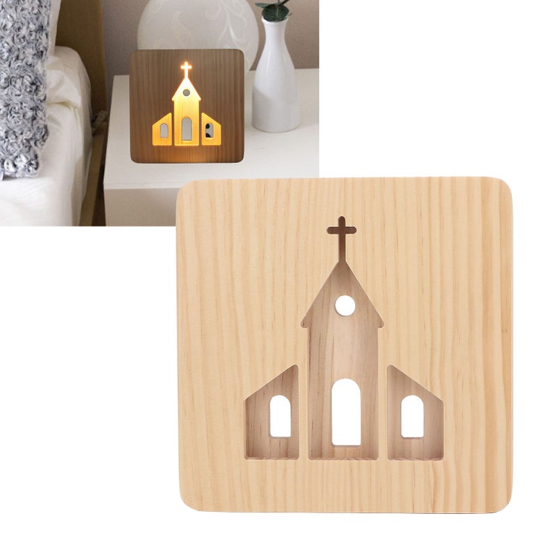 LED Night Light Christian Church Pattern Hollow Out 3D Wooden Lamp USB Interface Pine Wooden Night Light for Bedroom Home - Image 1