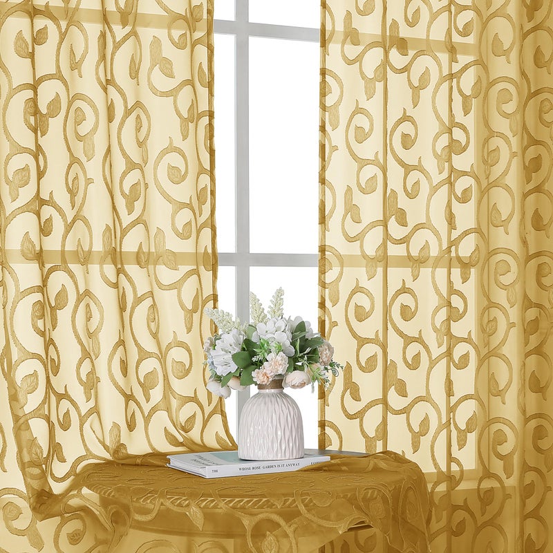 OWENIE Furman Gold Sheer Curtains 84 inches Long for Bedroom Living Room 2 Panels Set, Jacquard Clip Light Filtering Semi Sheer Curtains Rod Pocket Window Drapes, 2 Pcs Each 40 W 84 L - Image 1