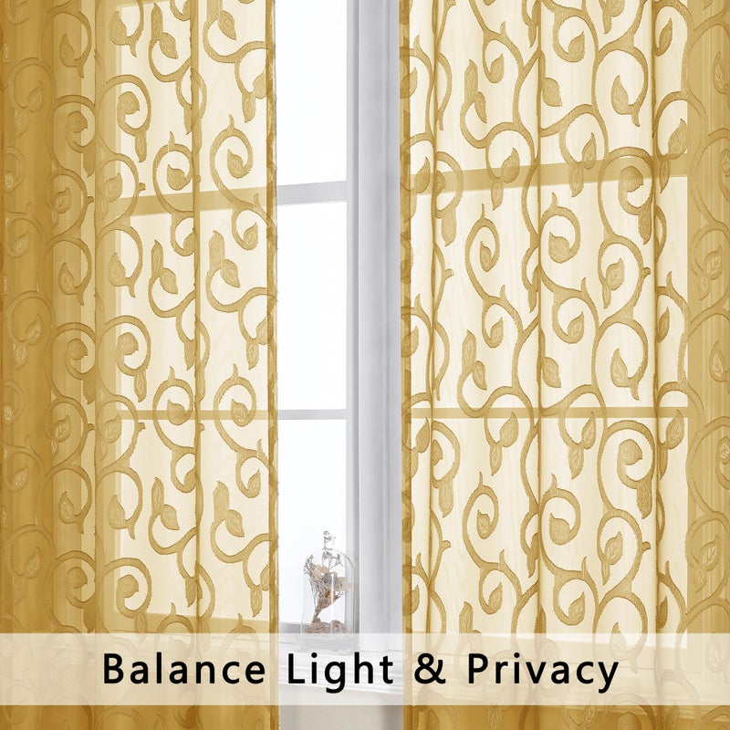 OWENIE Furman Gold Sheer Curtains 84 inches Long for Bedroom Living Room 2 Panels Set, Jacquard Clip Light Filtering Semi Sheer Curtains Rod Pocket Window Drapes, 2 Pcs Each 40 W 84 L - Image 4