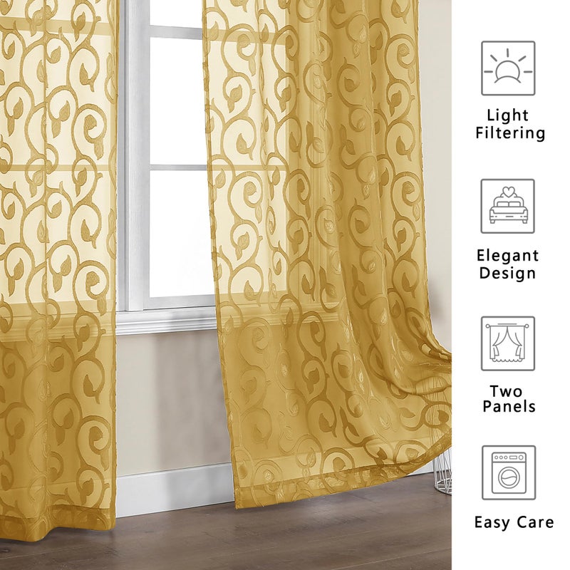 OWENIE Furman Gold Sheer Curtains 84 inches Long for Bedroom Living Room 2 Panels Set, Jacquard Clip Light Filtering Semi Sheer Curtains Rod Pocket Window Drapes, 2 Pcs Each 40 W 84 L - Image 3