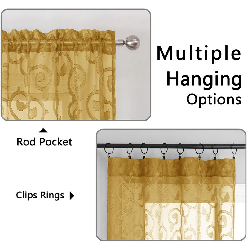 OWENIE Furman Gold Sheer Curtains 84 inches Long for Bedroom Living Room 2 Panels Set, Jacquard Clip Light Filtering Semi Sheer Curtains Rod Pocket Window Drapes, 2 Pcs Each 40 W 84 L - Image 5