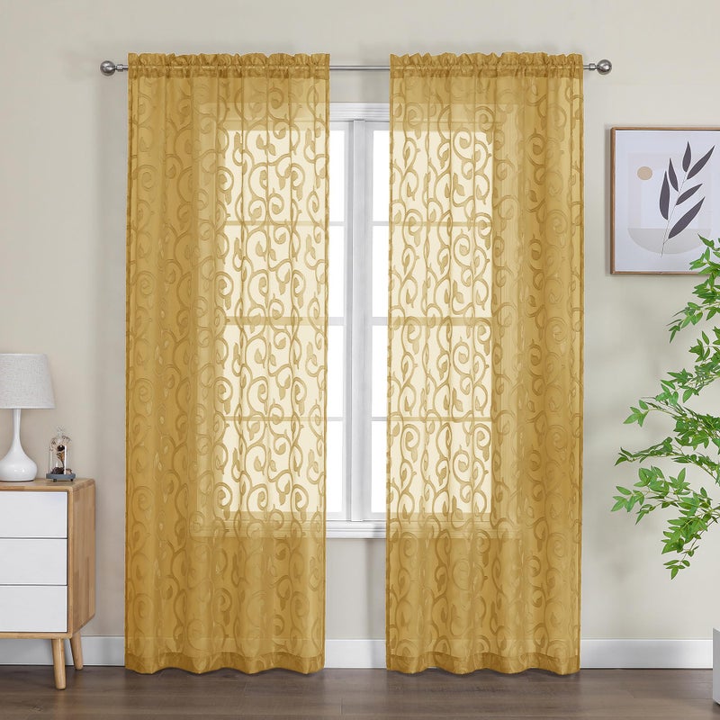OWENIE Furman Gold Sheer Curtains 84 inches Long for Bedroom Living Room 2 Panels Set, Jacquard Clip Light Filtering Semi Sheer Curtains Rod Pocket Window Drapes, 2 Pcs Each 40 W 84 L - Image 2