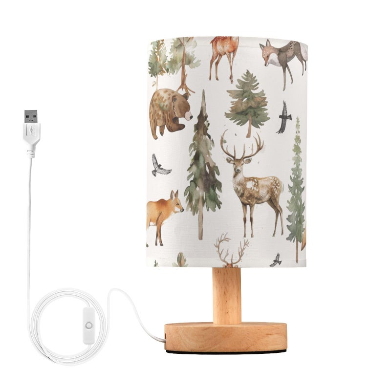 YYZZH Table Lamp Watercolor Animal Forest Tree Deer Fox Bear Nightstand Lamp with Wood Base Fabric Lamp Shade Bedside Desk Lamp for Living Room Bedroom Kids Room Office - Image 2