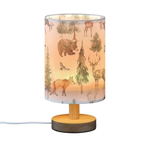 YYZZH Table Lamp Watercolor Animal Forest Tree Deer Fox Bear Nightstand Lamp with Wood Base Fabric Lamp Shade Bedside Desk Lamp for Living Room Bedroom Kids Room Office - Image 3