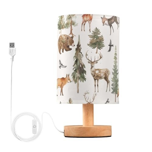 YYZZH Table Lamp Watercolor Animal Forest Tree Deer Fox Bear Nightstand Lamp with Wood Base Fabric Lamp Shade Bedside Desk Lamp for Living Room Bedroom Kids Room Office - Image 1