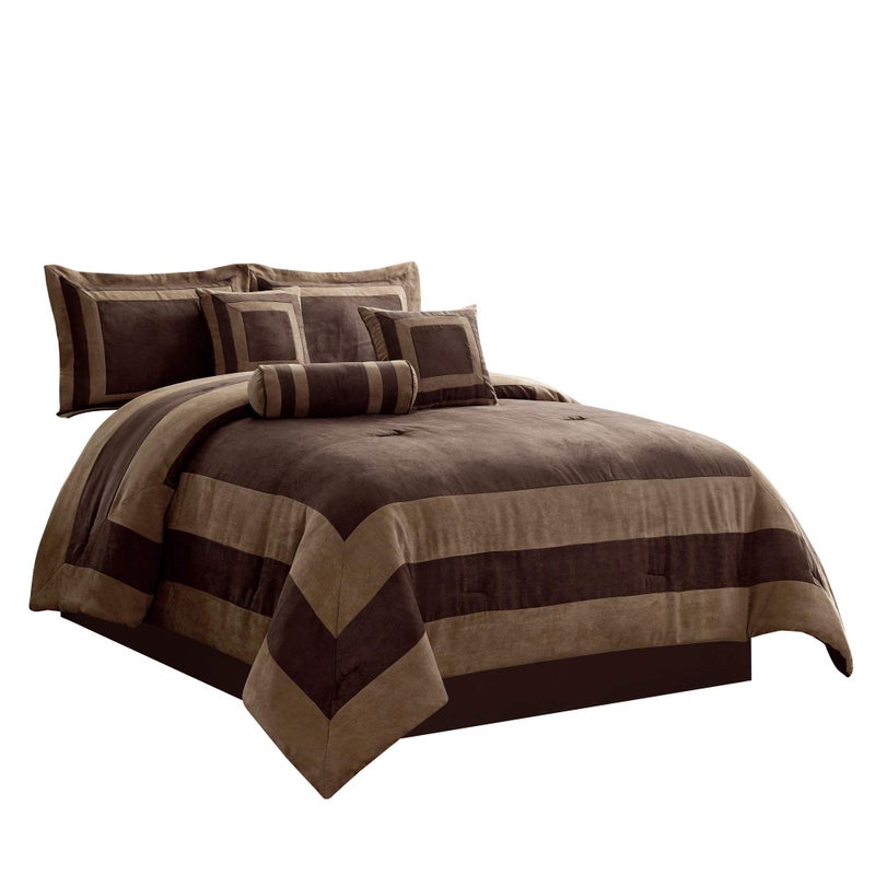 طقم لحاف 7 قطع بني بيج بلون كتلة 104X 92 بتصميم باتش ورك من مايكرو سويد بحجم كينغ في حقيبة
