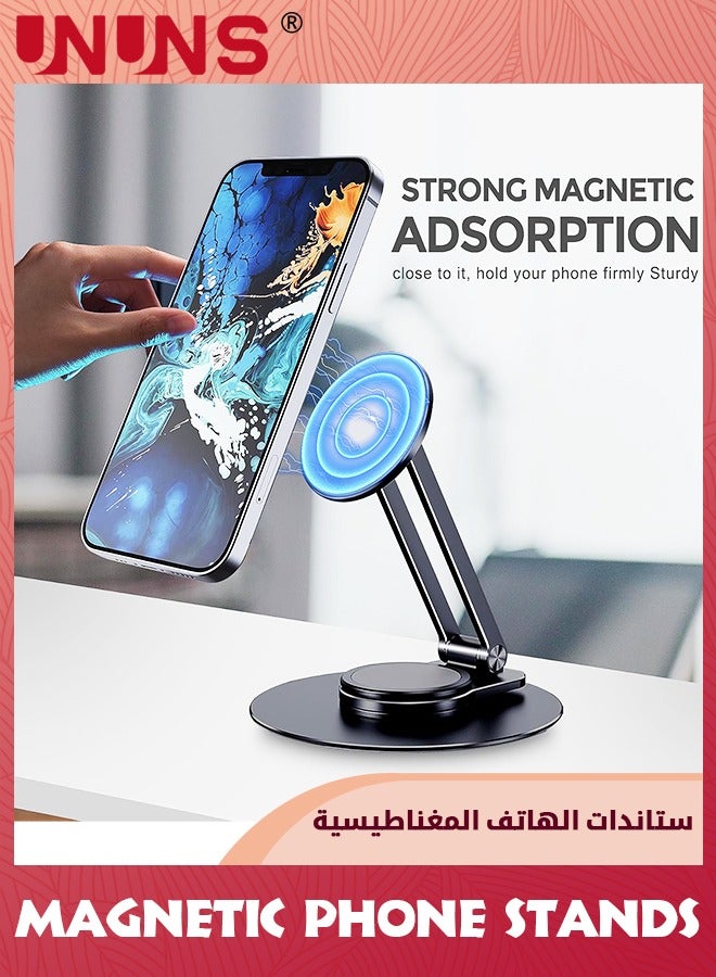UNUNS Magnetic Desk Phone Stand,Aluminum Cell Phone Stand Holder Dock with 360°Rotation Base Adjustable Foldable For All Mobile Phones iPhone 15 14 13 12 Pro,Pro Max,Plus,Tablet-Black - Image 2