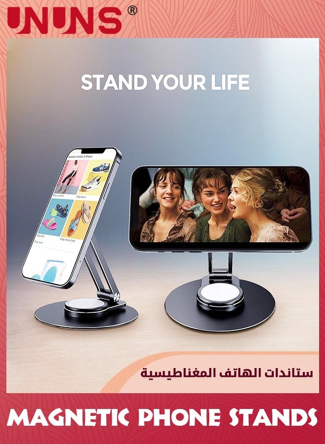 UNUNS Magnetic Desk Phone Stand,Aluminum Cell Phone Stand Holder Dock with 360°Rotation Base Adjustable Foldable For All Mobile Phones iPhone 15 14 13 12 Pro,Pro Max,Plus,Tablet-Black - Image 5