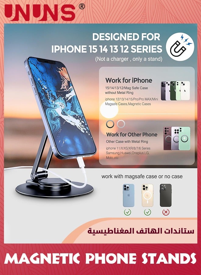 UNUNS Magnetic Desk Phone Stand,Aluminum Cell Phone Stand Holder Dock with 360°Rotation Base Adjustable Foldable For All Mobile Phones iPhone 15 14 13 12 Pro,Pro Max,Plus,Tablet-Black - Image 3