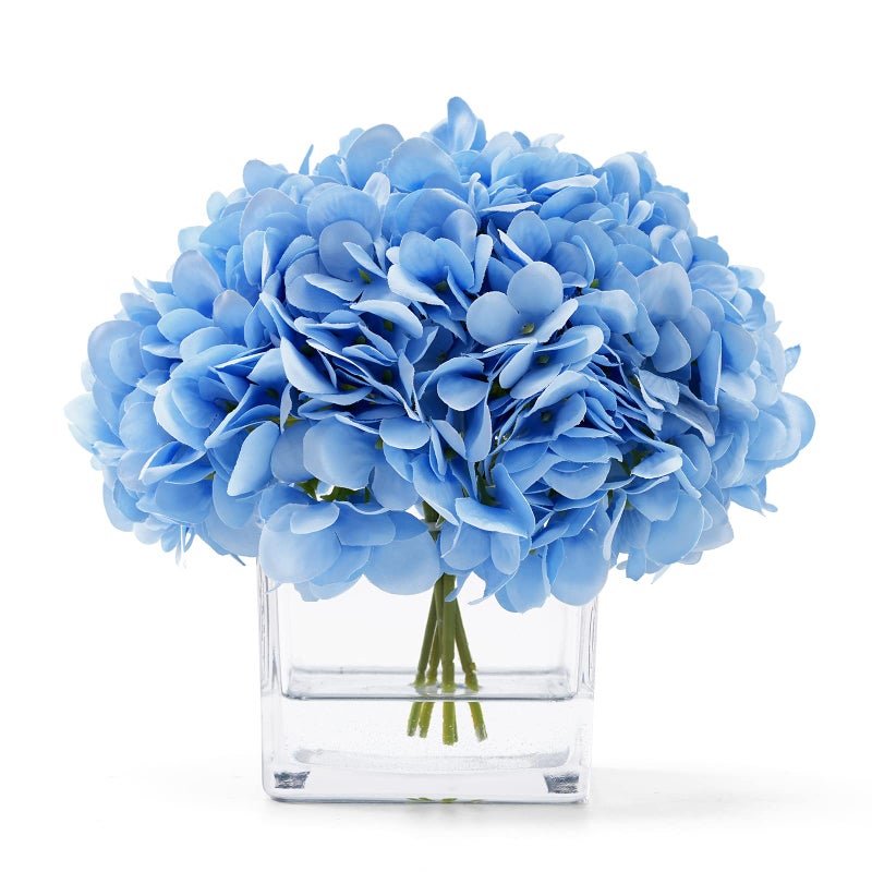 rubystory Silk Blue Artificial Hydrangea in Vase with Faux Water Silk Flower Arrangements in Vase for Home Decor Wedding Table Blue