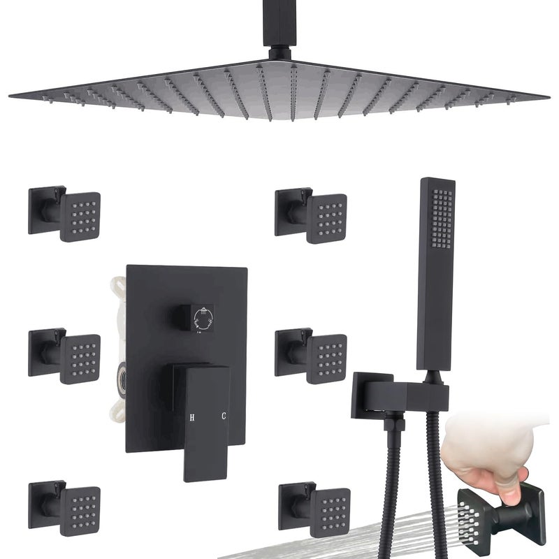 Enga Shower System Body Jets with OnOff Switch 16 Inch Rain Shower Head System Full Body Spray Massage Shower Set Multi Head Shower Faucet Combo Matte Black