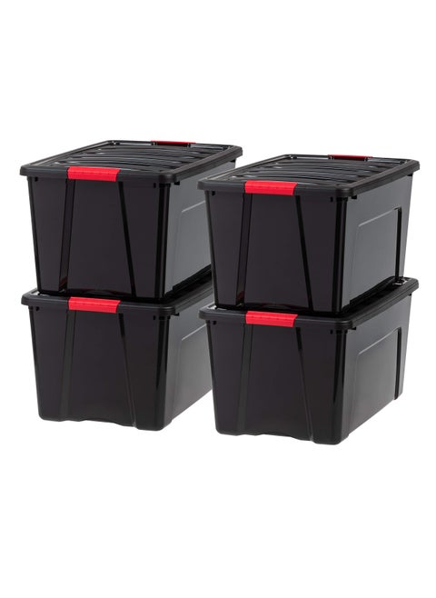 IRIS USA 72 Qt Stackable Plastic Storage Bins with Lids 4 Pack  BPAFree Made in USA  Garage Organizing Solution Latches Durable Nestable Containers Secure Pull Handle  Black