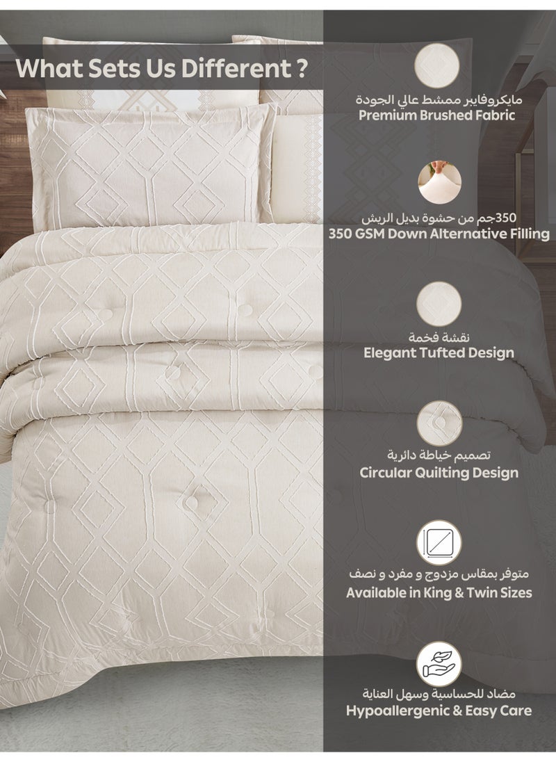 Bedding Comforter Set King Size, 6-Pcs Bed Set Fits 260x240 Cms -Tufted Embroidery Set-All Season- 350 GSM Brushed Microfiber (طقم مفرش سرير فندقي)