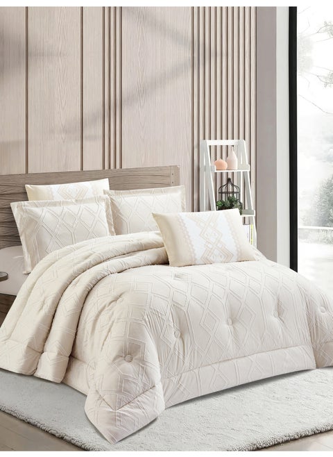 Bedding Comforter Set King Size, 6-Pcs Bed Set Fits 260x240 Cms -Tufted Embroidery Set-All Season- 350 GSM Brushed Microfiber (طقم مفرش سرير فندقي)