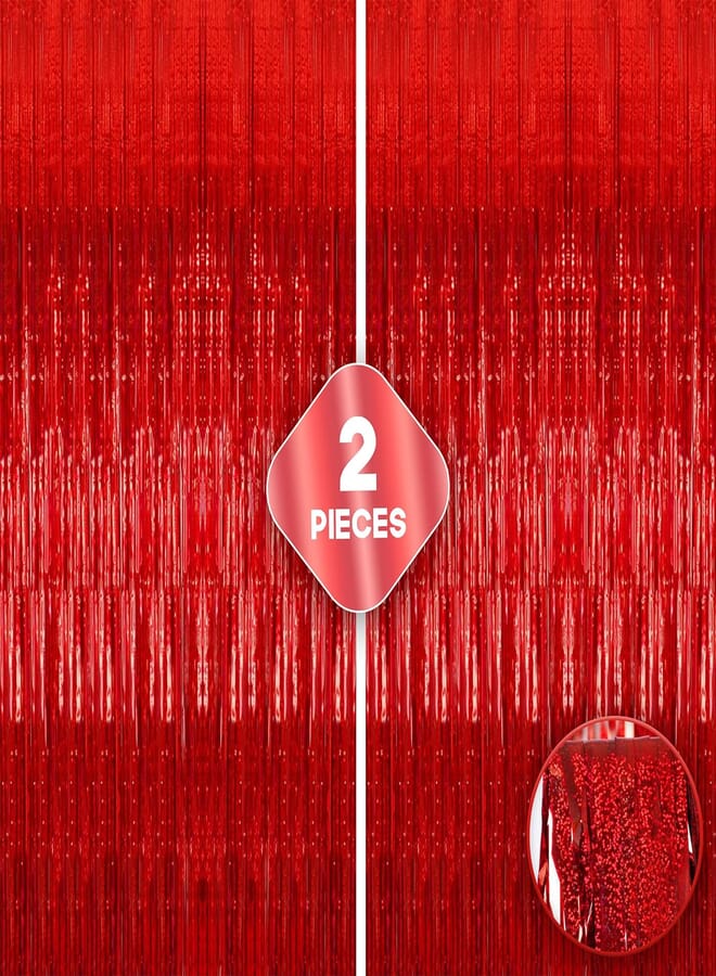 XtraLarge Iridescent Red Fringe Curtain - 3.2x10 feet | Pack of 2 | Metallic Red Backdrop for Red Party Decorations | Holographic Foil Streamers for Valentines Day, Birthday, Bachelorette, New Year