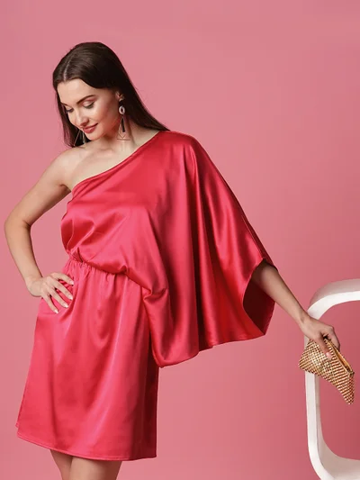 globus Globus Women One Shoulder Batwing Sleeve Satin A-Line Mini Party Dress