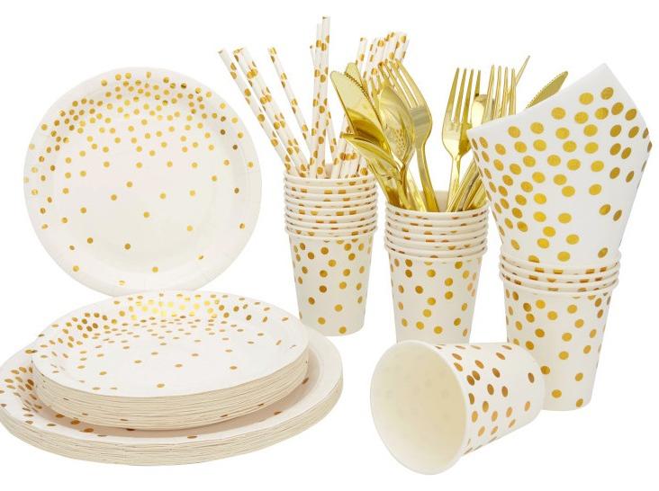 xppier مجموعة أدوات مائدة للحفلات مكونة من 200 قطعة للاستخدام مرة واحدة لحفلات الزفاف وحفلات أعياد الميلاد وحفلات استقبال المولود، تكفي 25 شخصًا (أبيض) - Image 1