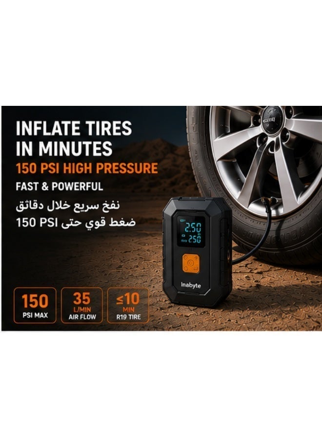 إينابايت مشغل بطارية سيارة 4 في 1 مع مضخة هواء، منفاخ إطارات محمول 150PSI، بنك طاقة 4000mAh مع مصباح LED، مقاوم للحرارة، للسيارات وسيارات الدفع الرباعي والرحلات الصحراوية - Image 4