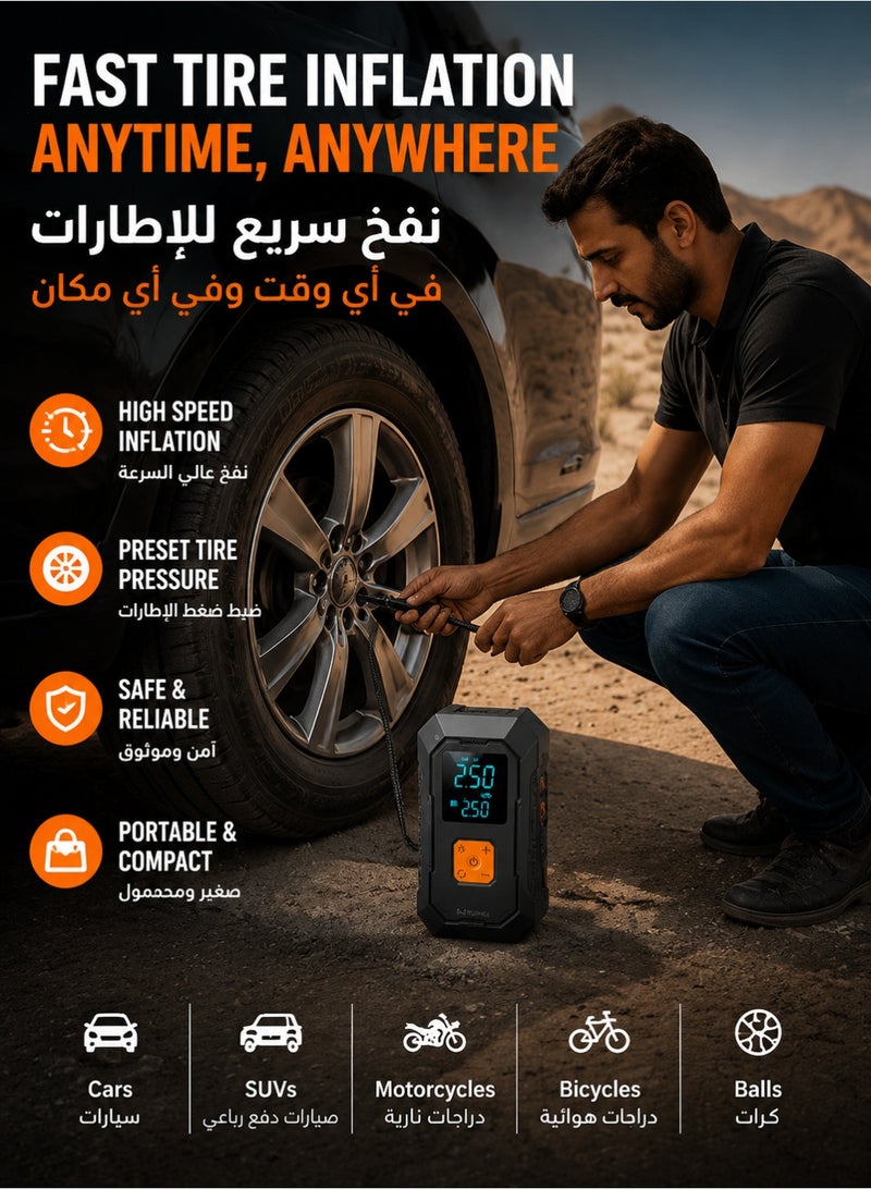 إينابايت مشغل بطارية سيارة 4 في 1 مع مضخة هواء، منفاخ إطارات محمول 150PSI، بنك طاقة 4000mAh مع مصباح LED، مقاوم للحرارة، للسيارات وسيارات الدفع الرباعي والرحلات الصحراوية - Image 3