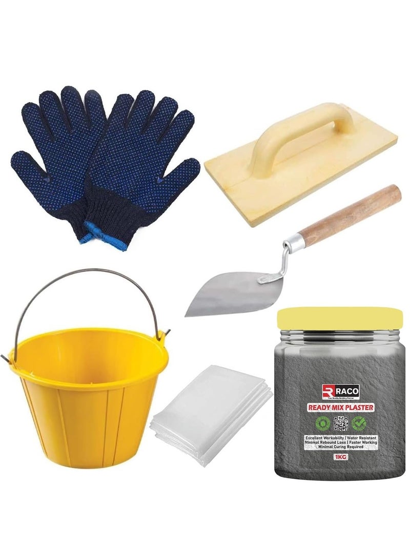 RACO RACO Ready Mix Plaster DIY Kit | Instant Cement Mix with PVC Bucket, Gurmala, Gloves & Polythene sheet | Crack Filler for Walls, Floors & Ceilings 1 KG  - Image 1