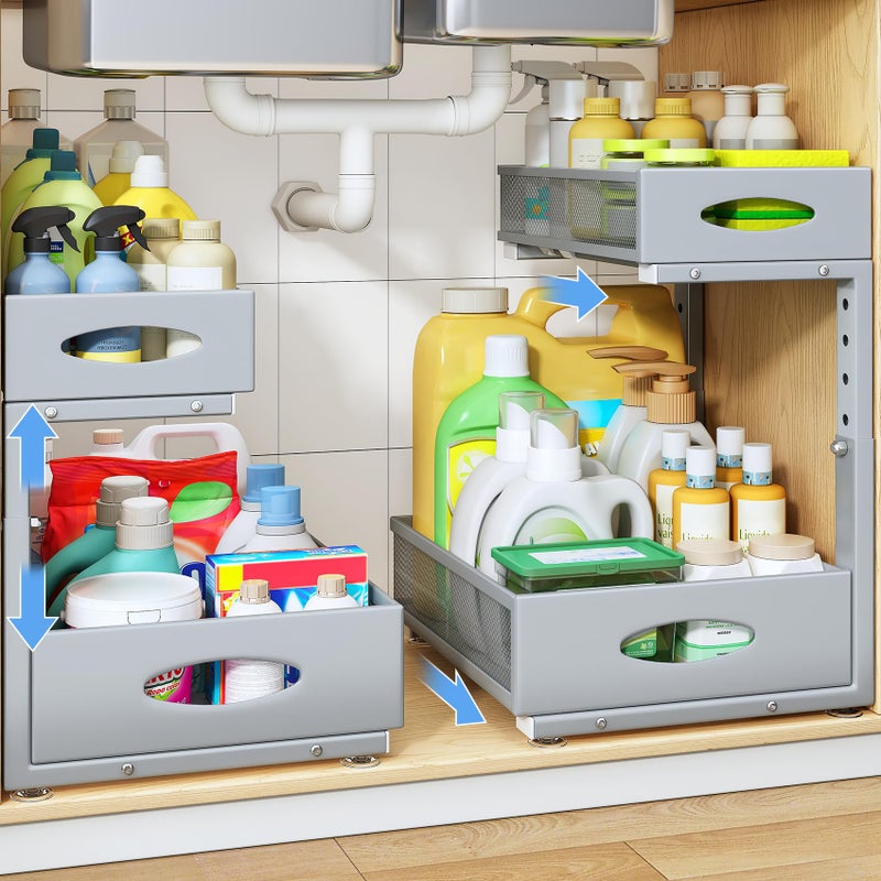 PXRACK Under Sink Organizer, 2 Pack 2 Tier Pull Out Under Cabinet Organizer Shelf with Pad for Framed Cabinets, Metal Slide Out Under Sink Storage, Mesh Sliding Drawers for Kitchen Bathroom Laundry, Grey - Image 1