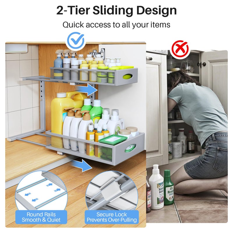 PXRACK Under Sink Organizer, 2 Pack 2 Tier Pull Out Under Cabinet Organizer Shelf with Pad for Framed Cabinets, Metal Slide Out Under Sink Storage, Mesh Sliding Drawers for Kitchen Bathroom Laundry, Grey - Image 5