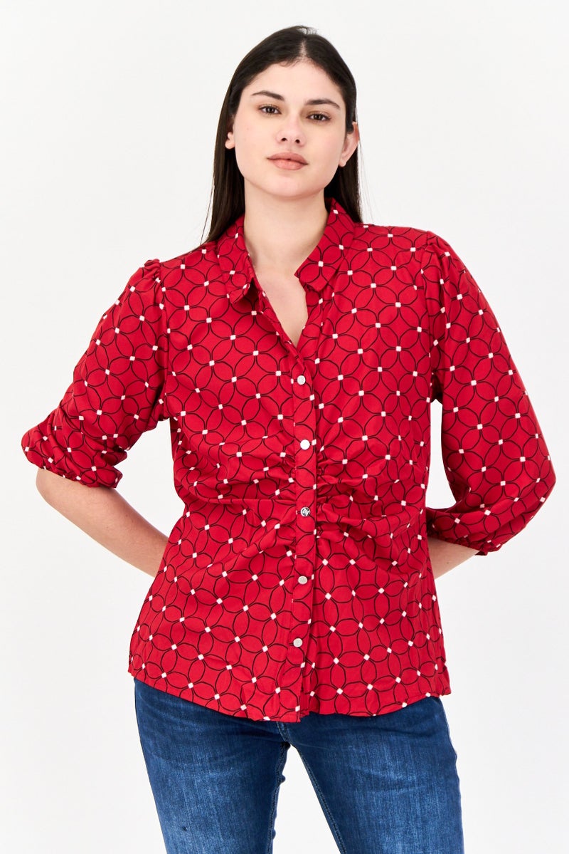 ADRIENNE VITTADINI Women Spread Collar 3/4 Sleeve Allover Print Blouse, Red - Image 1